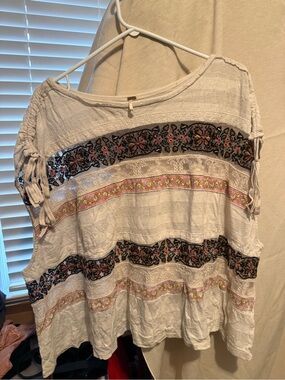 Free People White Boho Embroidered Short-Sleeve Tunic